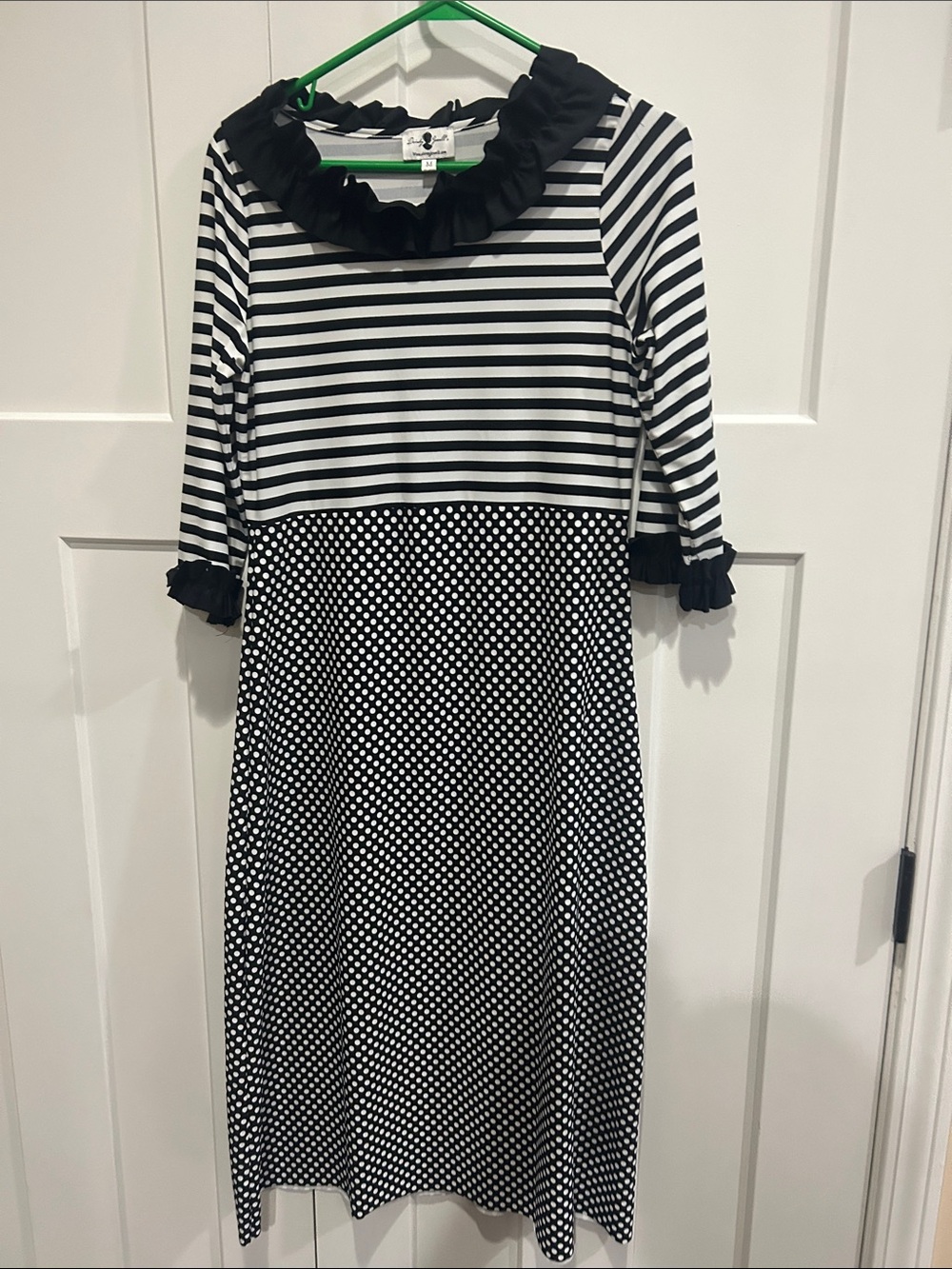 Dainty jewells Black & White Striped and Polka Dot Ruffle-Trim swim dress
